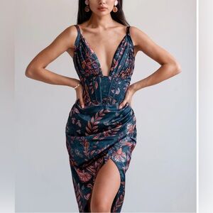 NWT Averie Halley Draped Midi Dress; Flowery Print on Cobalt Blue; size XL / 10